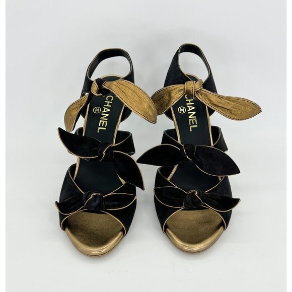 NWOT CHANEL Black Bow Cross Strap CC Logo Block Heel Sandals Size EU 38.5 - Picture 5 of 15